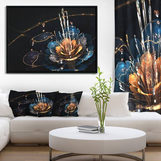 Designart - Orange Blue Flower with Water Drops - Floral Art Framed Canvas Print
